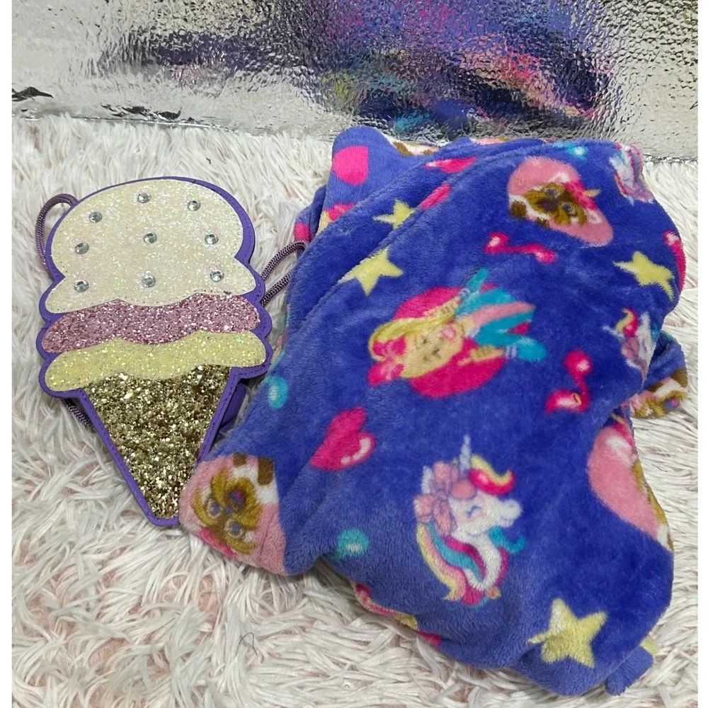 JoJo Siwa Robe and Purse Set Girls 6/6X Purple Unicorn Glitter Ice Cream Cone